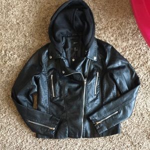 Hooded black leather jacket